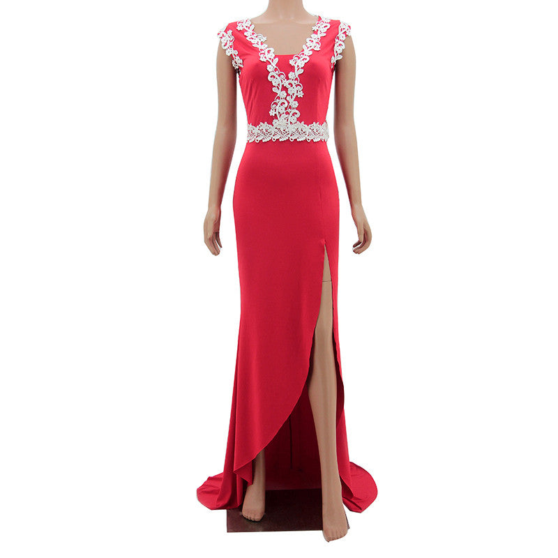 ROPALIA Sexy Backless Dress V-neck Embroider Trailing Party Beach Party Dress New J4U66
