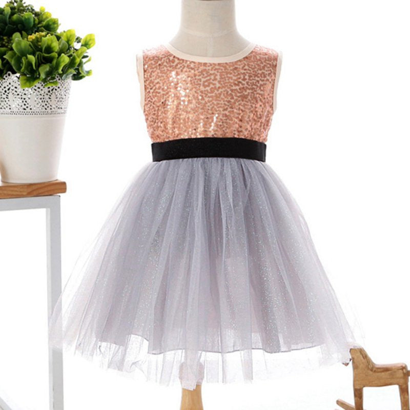 Red/Beige/Gray Girls Clothes Infant Sleeveless Kids Prom Dresses Tulle Sequins Princess Dress Costumes J4U66