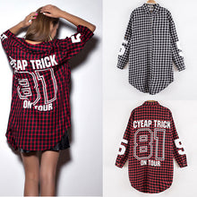 Red Women Boyfriend BF Style Monogrammed Plaid Long Sleeves Long Oversized Loose Shirt W/ Back Letter and Numbers Print J4U66