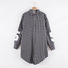 Red Women Boyfriend BF Style Monogrammed Plaid Long Sleeves Long Oversized Loose Shirt W/ Back Letter and Numbers Print J4U66