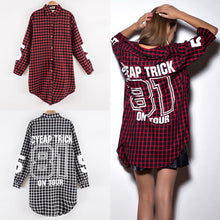 Red Women Boyfriend BF Style Monogrammed Plaid Long Sleeves Long Oversized Loose Shirt W/ Back Letter and Numbers Print J4U66