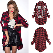 Red Women Boyfriend BF Style Monogrammed Plaid Long Sleeves Long Oversized Loose Shirt W/ Back Letter and Numbers Print J4U66