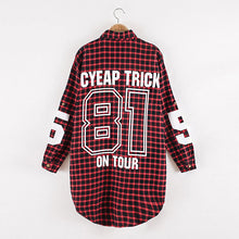 Red Women Boyfriend BF Style Monogrammed Plaid Long Sleeves Long Oversized Loose Shirt W/ Back Letter and Numbers Print J4U66
