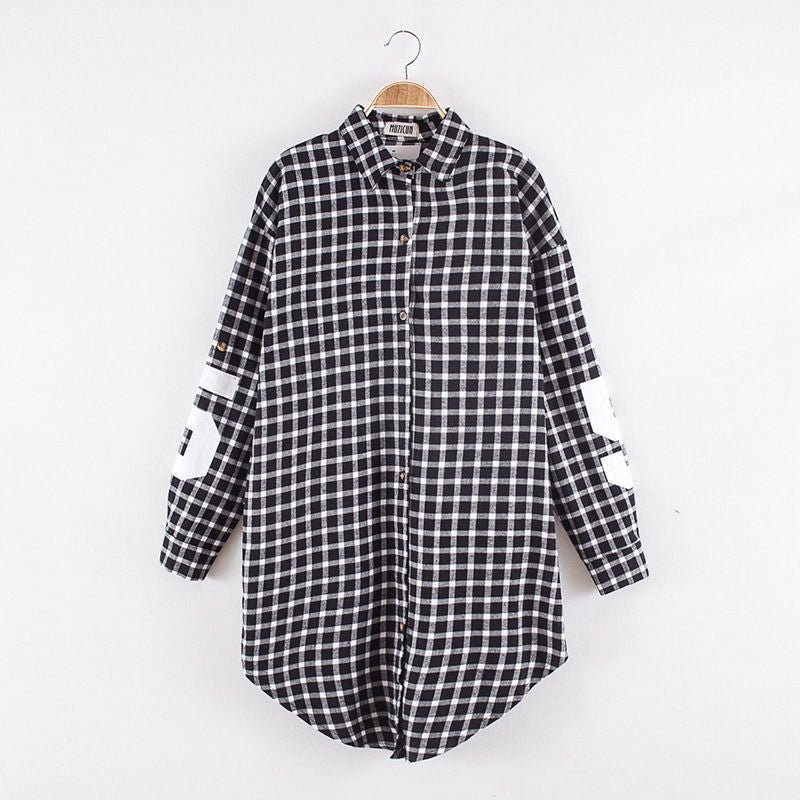 Red Women Boyfriend BF Style Monogrammed Plaid Long Sleeves Long Oversized Loose Shirt W/ Back Letter and Numbers Print J4U66