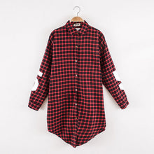 Red Women Boyfriend BF Style Monogrammed Plaid Long Sleeves Long Oversized Loose Shirt W/ Back Letter and Numbers Print J4U66