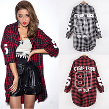 Red Women Boyfriend BF Style Monogrammed Plaid Long Sleeves Long Oversized Loose Shirt W/ Back Letter and Numbers Print J4U66
