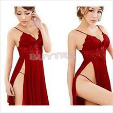 Red sexy long dressing night gown transparent dress evening nightgown nightie sleepwear lingerie for women J4U66