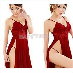 Red sexy long dressing night gown transparent dress evening nightgown nightie sleepwear lingerie for women J4U66