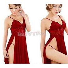 Red sexy long dressing night gown transparent dress evening nightgown nightie sleepwear lingerie for women J4U66
