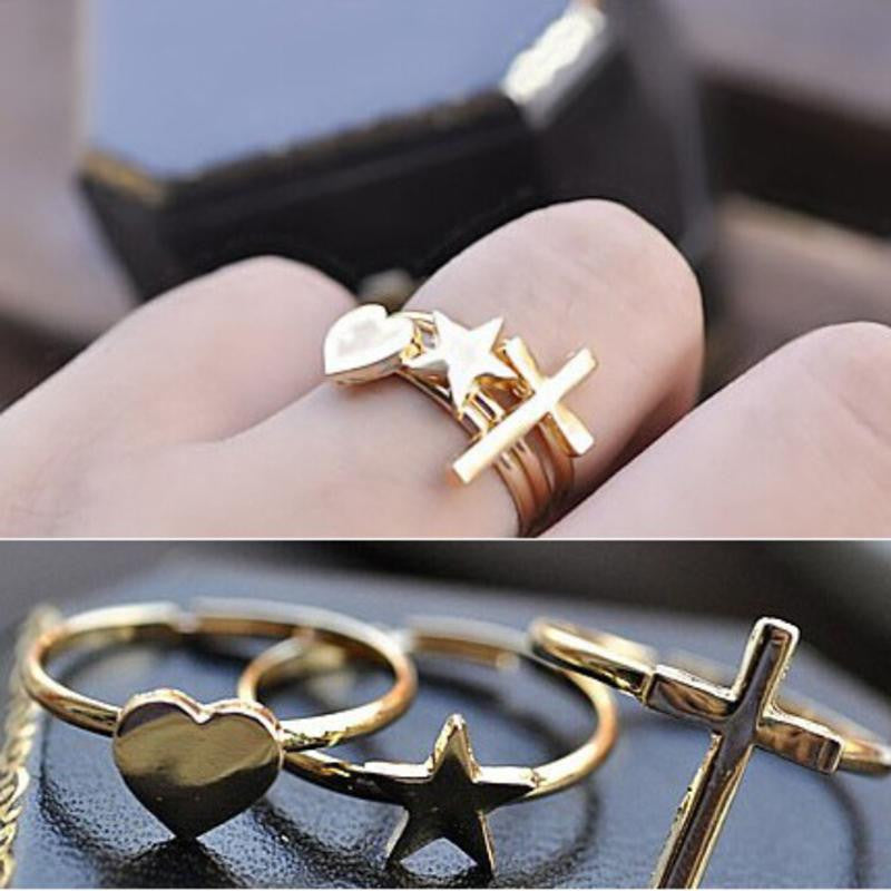 Retro Cross / Heart / Five-Pointed Star Three-Piece Ring For Party Makeup Decoration J4U66