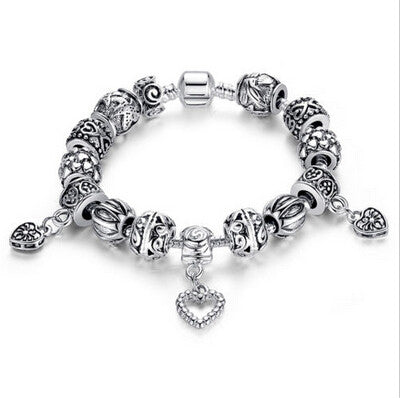 Retro DIY Beads Bracelet Snake Chain Heart Charm Bracelet Jewelry For Women 18cm/20cm J4U66
