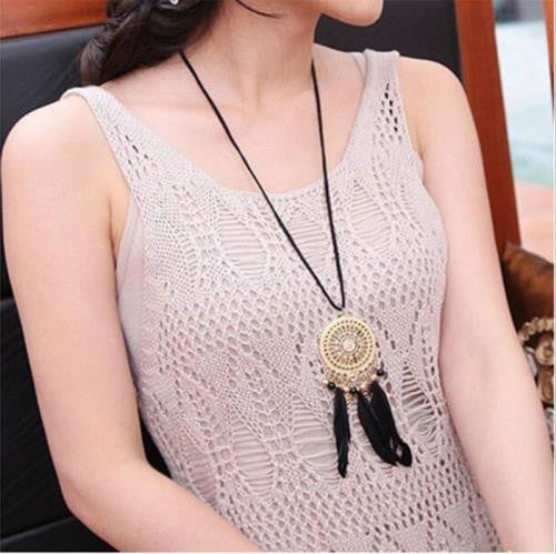Retro Exquisite Indian Feather Leaf Hollow Lace Circle Dream Catcher Bohemia Lady Dress Sweater Necklace J4U66