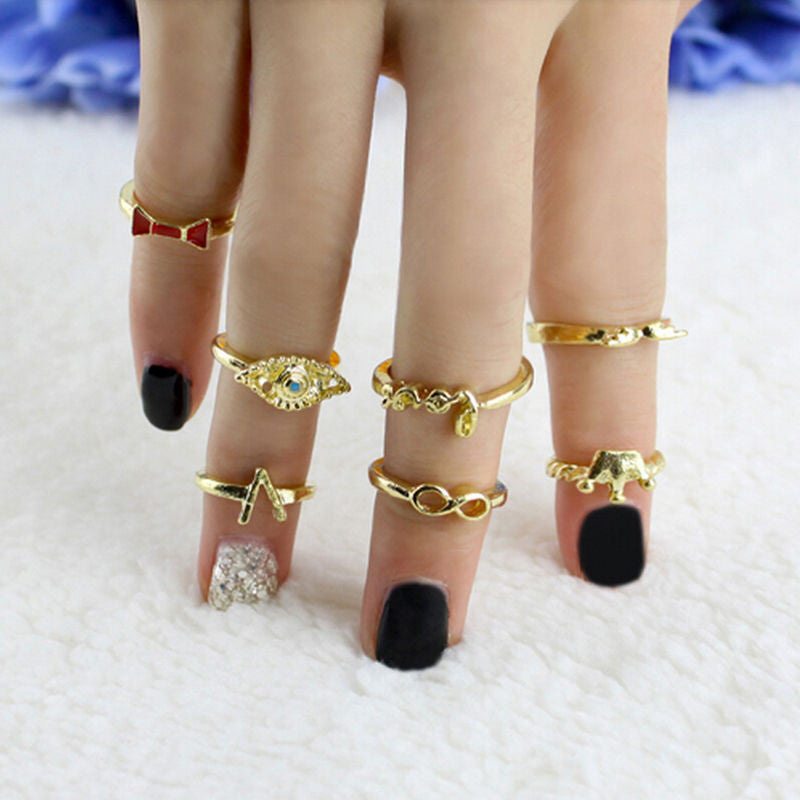 Retro Gold Finger Rings For Women 7pc Crown Bowknot Knuckle Ring Set J4U66