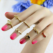 Retro Gold Finger Rings For Women 7pc Crown Bowknot Knuckle Ring Set J4U66
