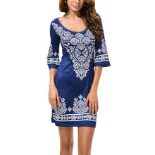 Retro Style Sexy Women Bodycon Dress Floral Printed 3/4 Sleeve Casual Mini Dresses Robe Femme J4U66