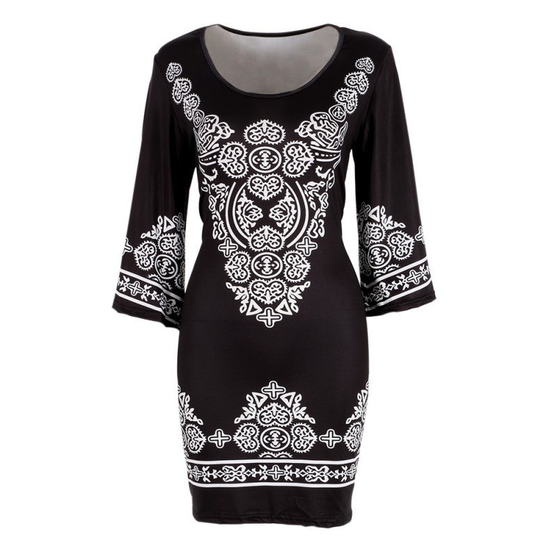Retro Style Sexy Women Bodycon Dress Floral Printed 3/4 Sleeve Casual Mini Dresses Robe Femme J4U66
