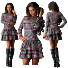 Retro Ladies Plaid Short Mini Dress Long Sleeve Cocktail Party Dresses S-XL J4U66