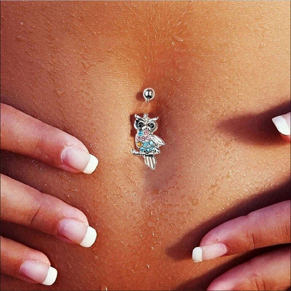 Rhinestone Owl Dangle Ball Barbell Bar Belly Button Navel Ring Body Piercing J4U66