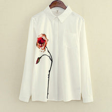 Rose Flower Printed Long Sleeve Blouse Women Turn Down Collar Chiffon Shirts White Big Size Women Clothes J4U66
