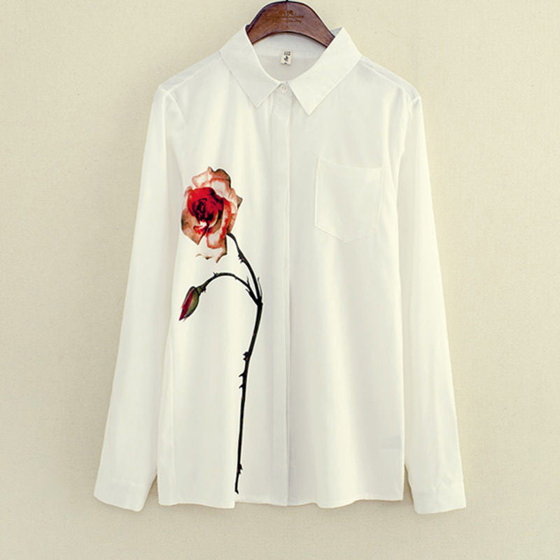 Rose Flower Printed Long Sleeve Blouse Women Turn Down Collar Chiffon Shirts White Big Size Women Clothes J4U66