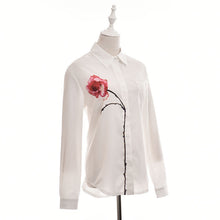 Rose Flower Printed Long Sleeve Blouse Women Turn Down Collar Chiffon Shirts White Big Size Women Clothes J4U66