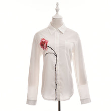 Rose Flower Printed Long Sleeve Blouse Women Turn Down Collar Chiffon Shirts White Big Size Women Clothes J4U66