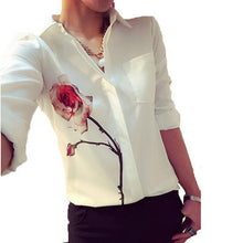 Rose Flower Printed Long Sleeve Blouse Women Turn Down Collar Chiffon Shirts White Big Size Women Clothes J4U66