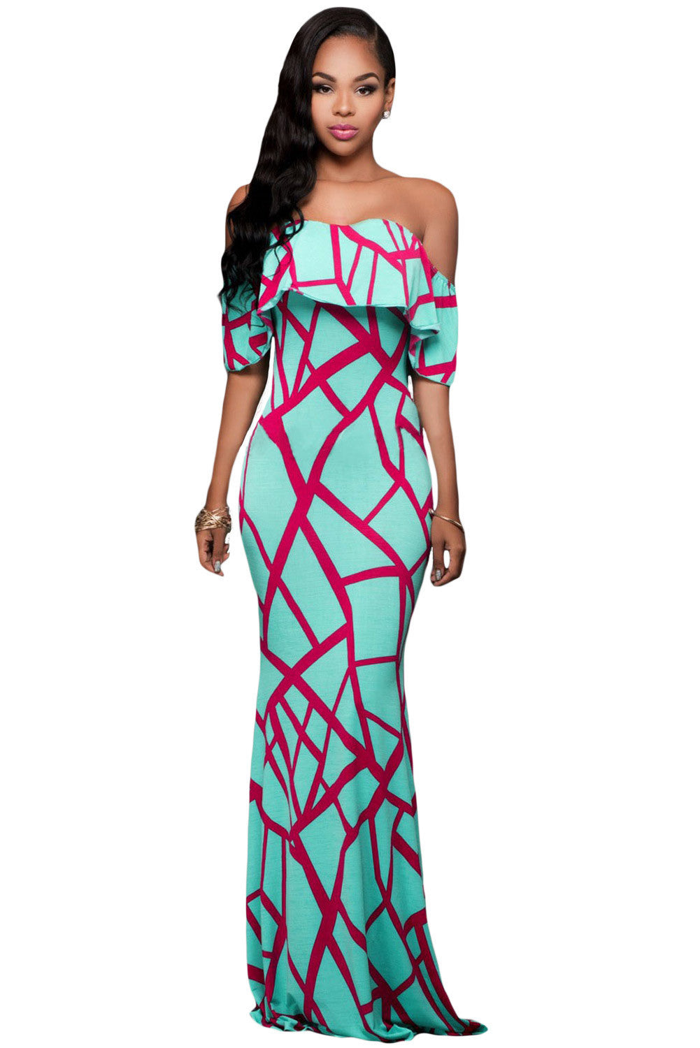 ruffles off shoulder boho long dress beach floor length printed dress women long sundress bohemia dress J4U66