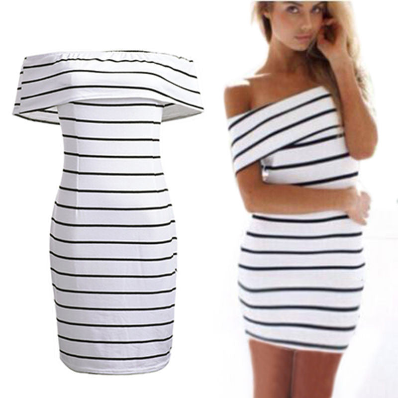 S M LWomen Sexy Strapless Bodycon Mini Dress Style Party Club Stripe Bandage Dress Cotton Blend Casual Shealth Dress J4U66