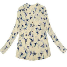 S-XL Plus Size Women Elegant Bird Print Blouse Long Sleeve Casual Slim Shirts Women Chiffon Tops J4U66