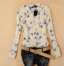 S-XL Plus Size Women Elegant Bird Print Blouse Long Sleeve Casual Slim Shirts Women Chiffon Tops J4U66