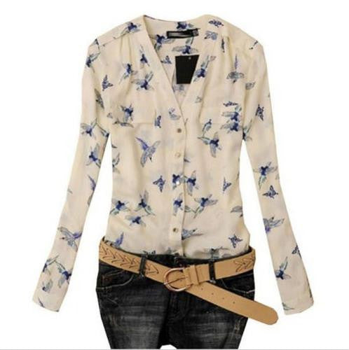 S-XL Plus Size Women Elegant Bird Print Blouse Long Sleeve Casual Slim Shirts Women Chiffon Tops J4U66