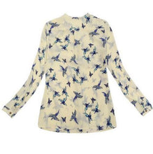 S-XL Plus Size Women Elegant Bird Print Blouse Long Sleeve Casual Slim Shirts Women Chiffon Tops J4U66