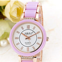 Supper Thin Purple & Gold Quartz Ladies Crystal Bezel Silver Dial Two Tone Bracelet Watch Reloje ing J4U66