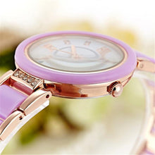 Supper Thin Purple & Gold Quartz Ladies Crystal Bezel Silver Dial Two Tone Bracelet Watch Reloje ing J4U66