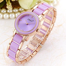 Supper Thin Two Tone Purple & Gold Analog Quartz Watch Alloy Bracelet Ladies Wrist Watches Crystals Bezel Montre Femme J4U66
