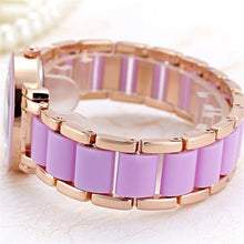 Supper Thin Two Tone Purple & Gold Analog Quartz Watch Alloy Bracelet Ladies Wrist Watches Crystals Bezel Montre Femme J4U66