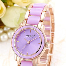 Supper Thin Two Tone Purple & Gold Analog Quartz Watch Alloy Bracelet Ladies Wrist Watches Crystals Bezel Montre Femme J4U66