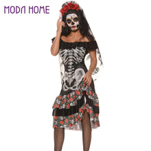 scary women 2pcs set skeleton halloween costume black dress slash neck ruffle ropa esqueleto slim masquerade outfits hair band J4U66