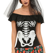 scary women 2pcs set skeleton halloween costume black dress slash neck ruffle ropa esqueleto slim masquerade outfits hair band J4U66