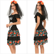 scary women 2pcs set skeleton halloween costume black dress slash neck ruffle ropa esqueleto slim masquerade outfits hair band J4U66