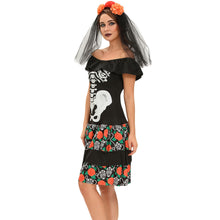 scary women 2pcs set skeleton halloween costume black dress slash neck ruffle ropa esqueleto slim masquerade outfits hair band J4U66