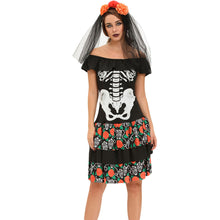 scary women 2pcs set skeleton halloween costume black dress slash neck ruffle ropa esqueleto slim masquerade outfits hair band J4U66