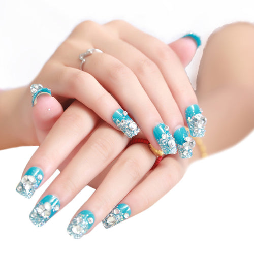 1 Box 24pc Women Artificial Crystal Diamond Nail Art Stickers Bride Manicure Set Series Nail Patch Blue s J4U66