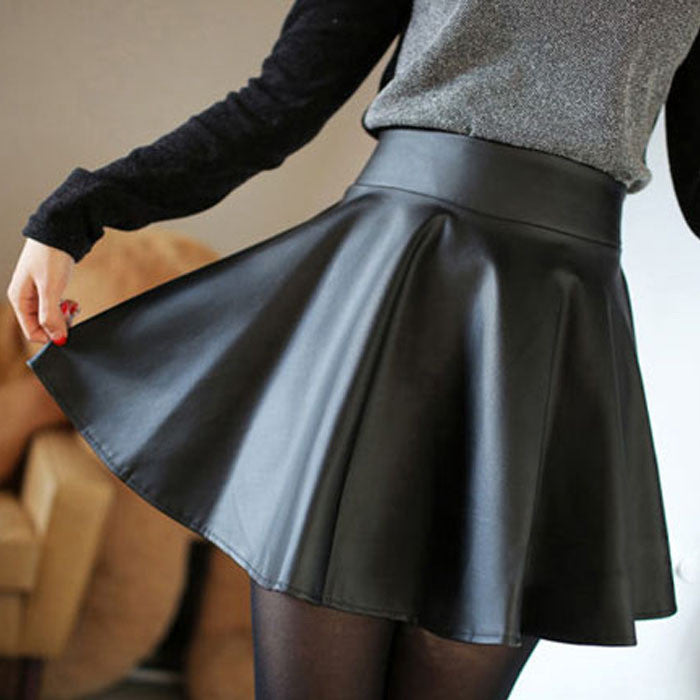 Women Faux Leather High Waist Skater Flared Pleated Short Mini Skirt J4U66