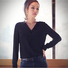 Womens Long Sleeve OL Career Chiffon Button Down Shirt Top office black and white Shirt J4U66