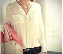 Womens Long Sleeve OL Career Chiffon Button Down Shirt Top office black and white Shirt J4U66