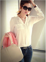 Womens Long Sleeve OL Career Chiffon Button Down Shirt Top office black and white Shirt J4U66
