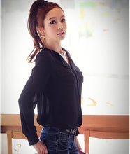Womens Long Sleeve OL Career Chiffon Button Down Shirt Top office black and white Shirt J4U66