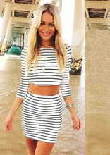 vestideo Women Striped Casual Two Pieces Three Quarter Sleeves Sheath Dress Black white  J4U66